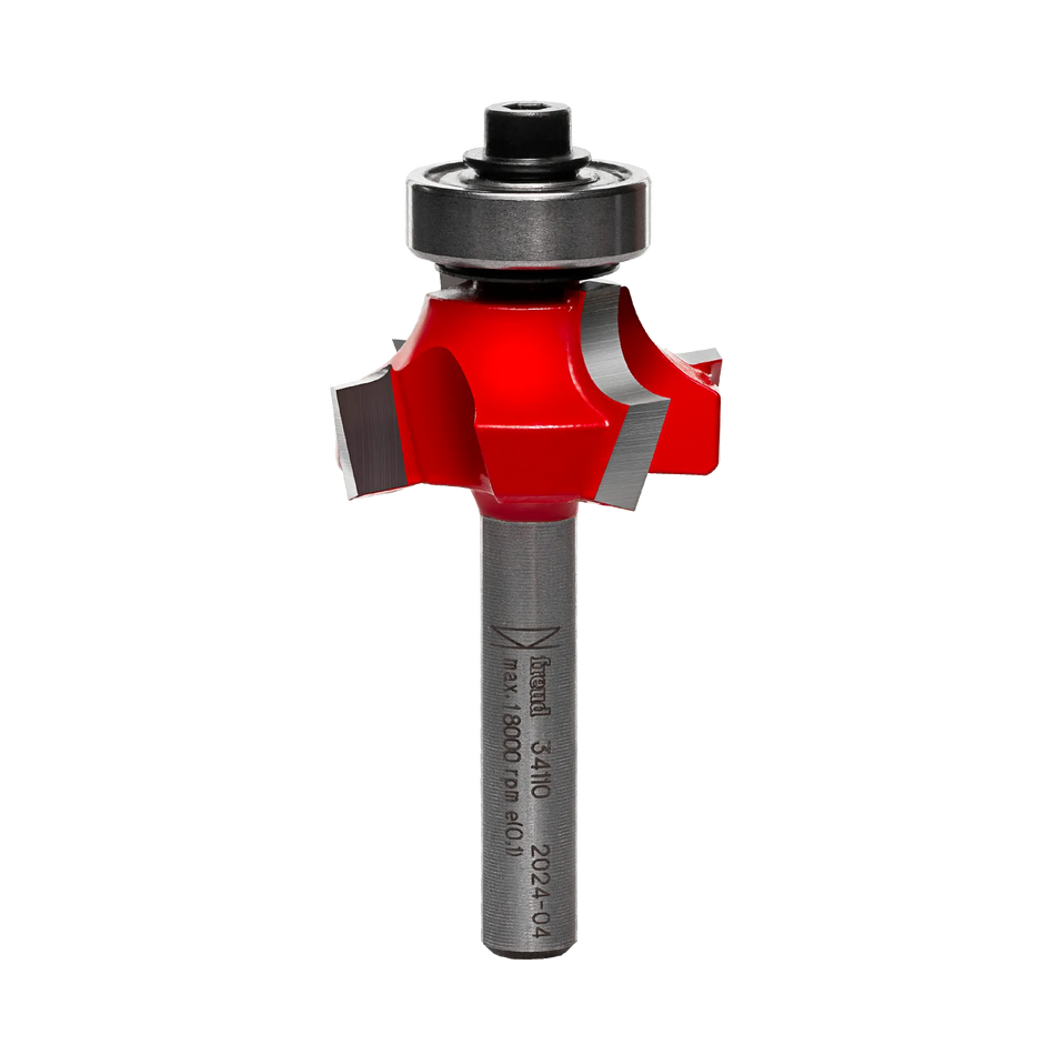 A side-profile view of the Freud 34-110 1/4-inch radius Quadra-Cut bit against a white background, displaying the precision-ground dual-motion cutters and the integrated ball-bearing guide.