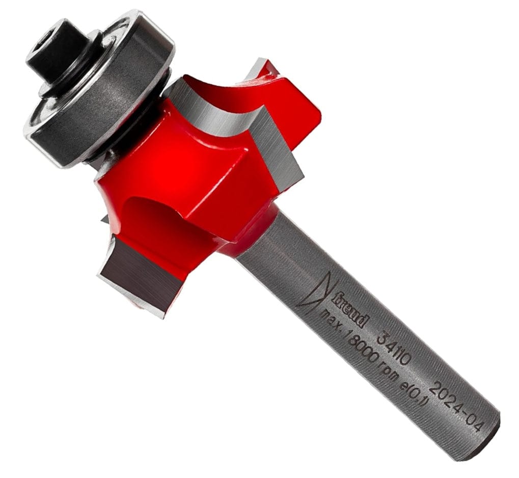 A professional studio shot of the Freud 34-110 Quadra-Cut rounding over router bit shown at an angle, highlighting the four-cutter carbide head with red Perma-SHIELD coating and a polished 1/4-inch steel shank.