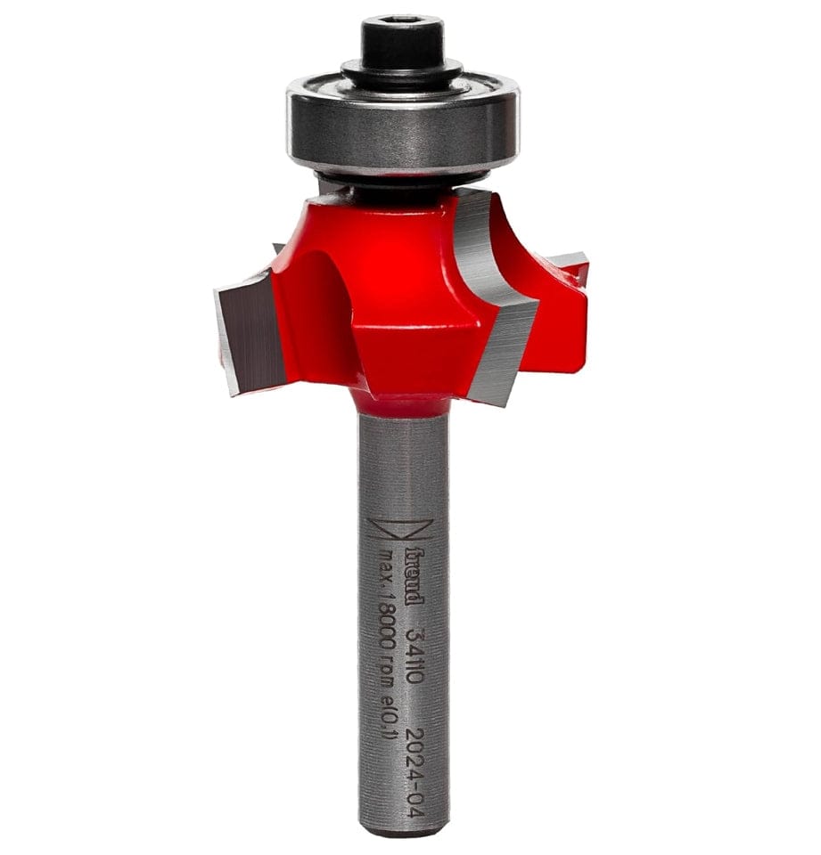 A side-profile view of the Freud 34-110 1/4-inch radius Quadra-Cut bit against a white background, displaying the precision-ground dual-motion cutters and the integrated ball-bearing guide.