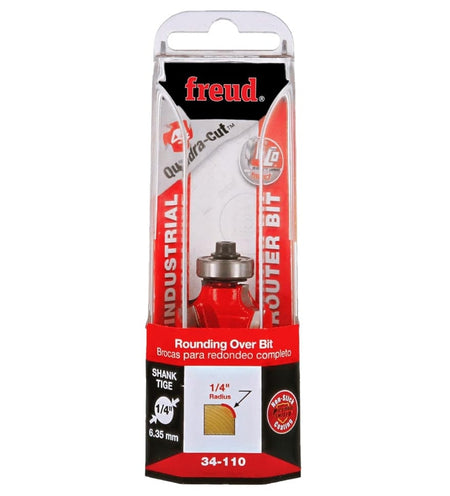 Retail clamshell packaging for the Freud 34-110 industrial rounding over bit, emphasizing the 1/4-inch radius, Quadra-Cut 4-cutter design, and 1/4-inch shank size for professional woodworking.