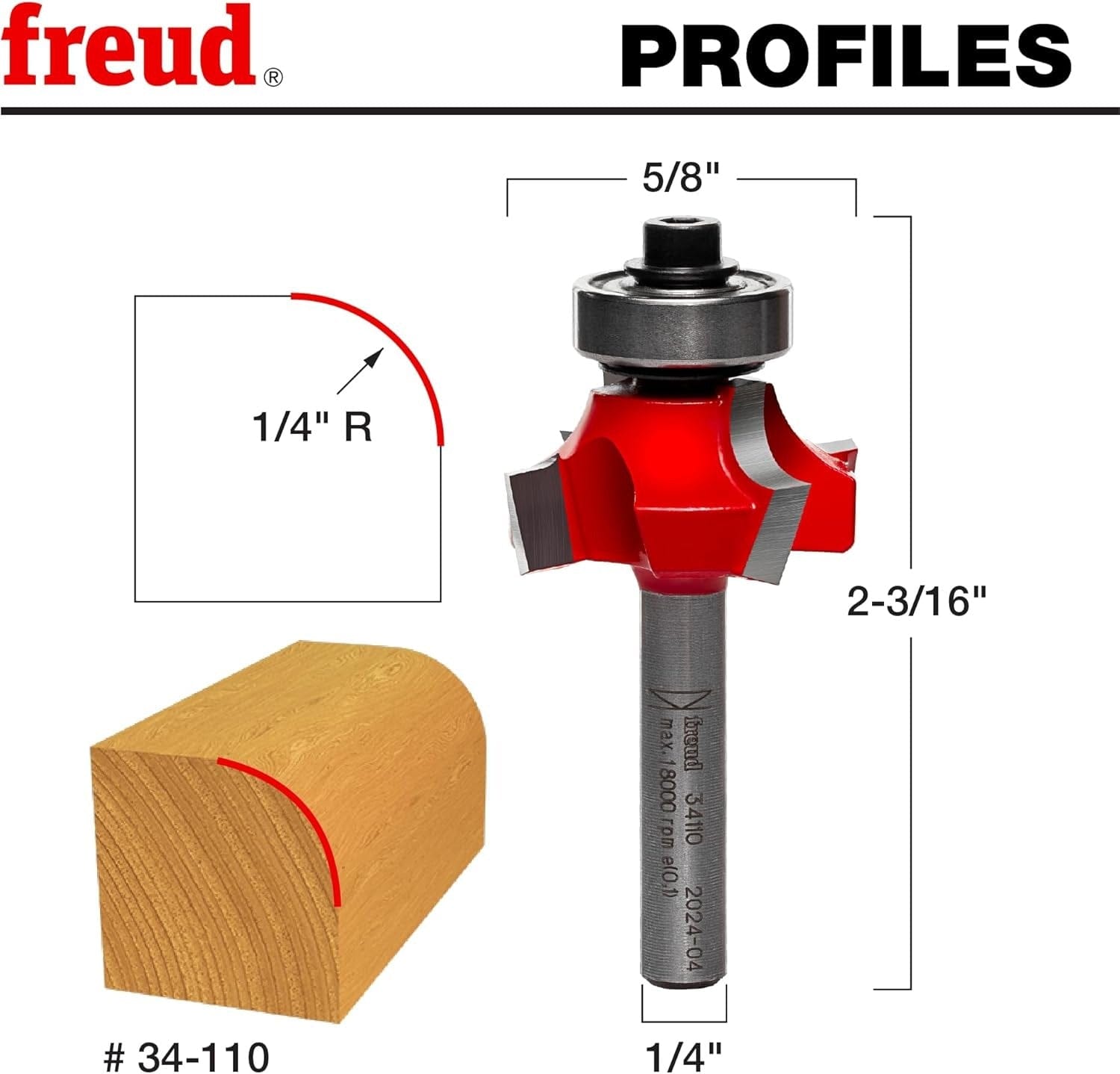 A technical profile diagram for the Freud 34-110 bit, illustrating a precise 1/4-inch radius rounding cut on a wood corner with an overall diameter of 1-1/8 inches and a 2-3/16-inch total length.