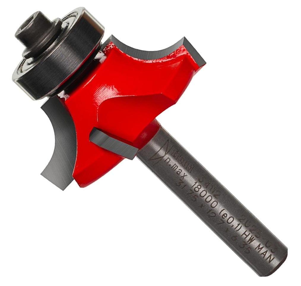 A professional studio shot of the Freud 34-112 Quadra-Cut rounding over router bit shown at an angle, highlighting the four-cutter carbide head with red Perma-SHIELD coating and a polished 1/4-inch steel shank.
