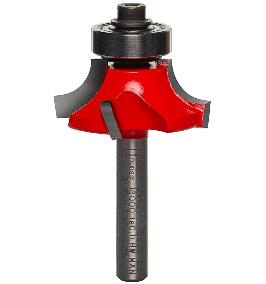 A side-profile view of the Freud 34-112 5/16-inch radius Quadra-Cut bit against a white background, displaying the precision-ground dual-motion cutters and the integrated ball-bearing guide.