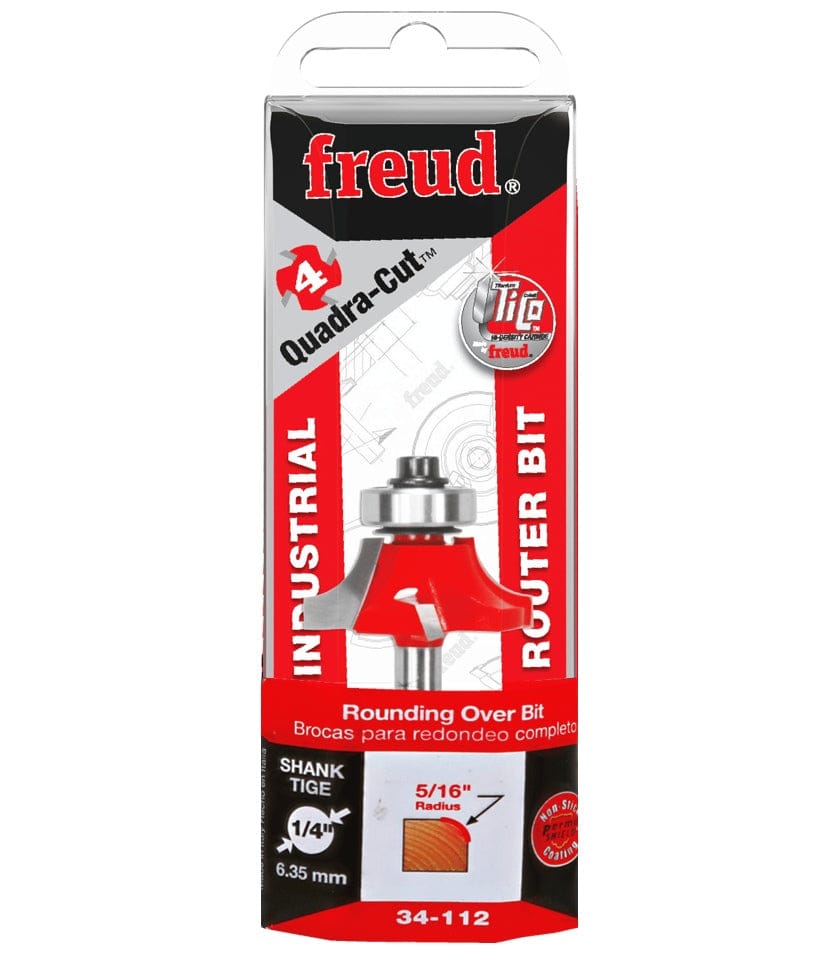 Retail clamshell packaging for the Freud 34-112 industrial rounding over bit, emphasizing the 5/16-inch radius, Quadra-Cut 4-cutter design, and 1/4-inch shank size for professional woodworking.