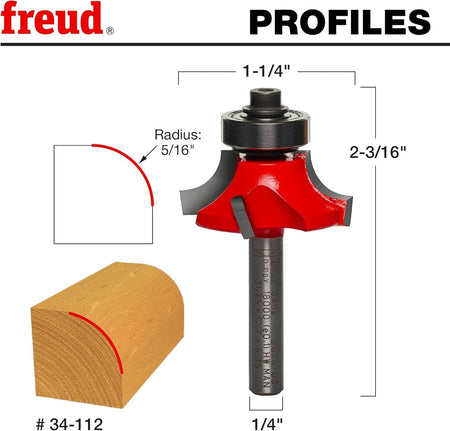 A technical profile diagram for the Freud 34-112 bit, illustrating a precise 5/16-inch radius rounding cut on a wood corner with an overall diameter of 1-1/4 inches and a 2-3/16-inch total length.