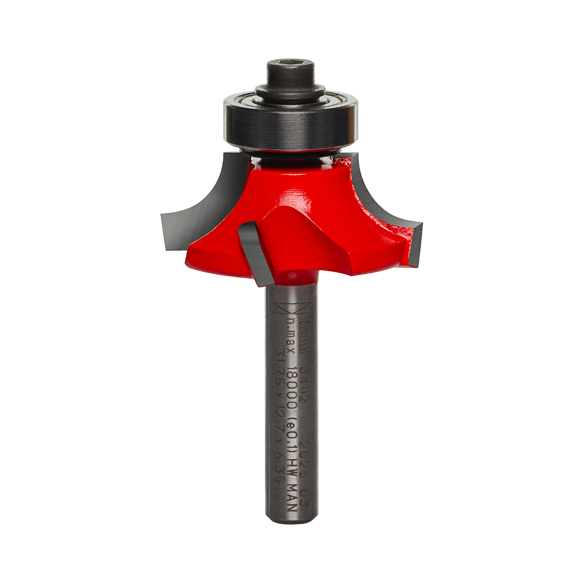 A side-profile view of the Freud 34-112 5/16-inch radius Quadra-Cut bit against a white background, displaying the precision-ground dual-motion cutters and the integrated ball-bearing guide.