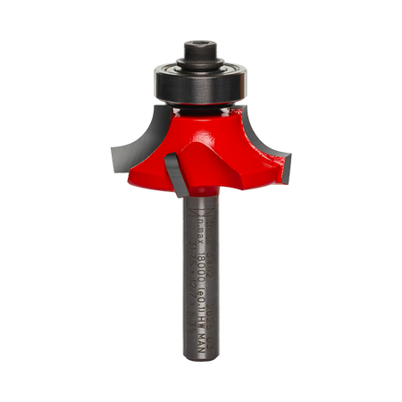 A side-profile view of the Freud 34-112 5/16-inch radius Quadra-Cut bit against a white background, displaying the precision-ground dual-motion cutters and the integrated ball-bearing guide.