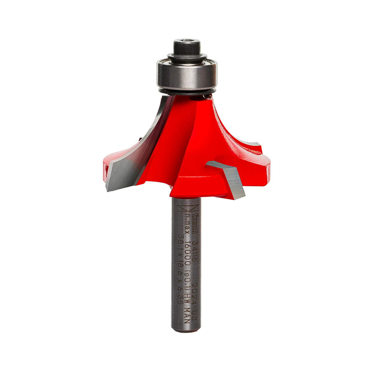 A professional studio photograph of the Freud 34-116 rounding over router bit, highlighting its bright red Perma-SHIELD coating, sharp silver carbide Quadra-Cut edges, a top-mounted ball bearing pilot, and a polished steel shank.