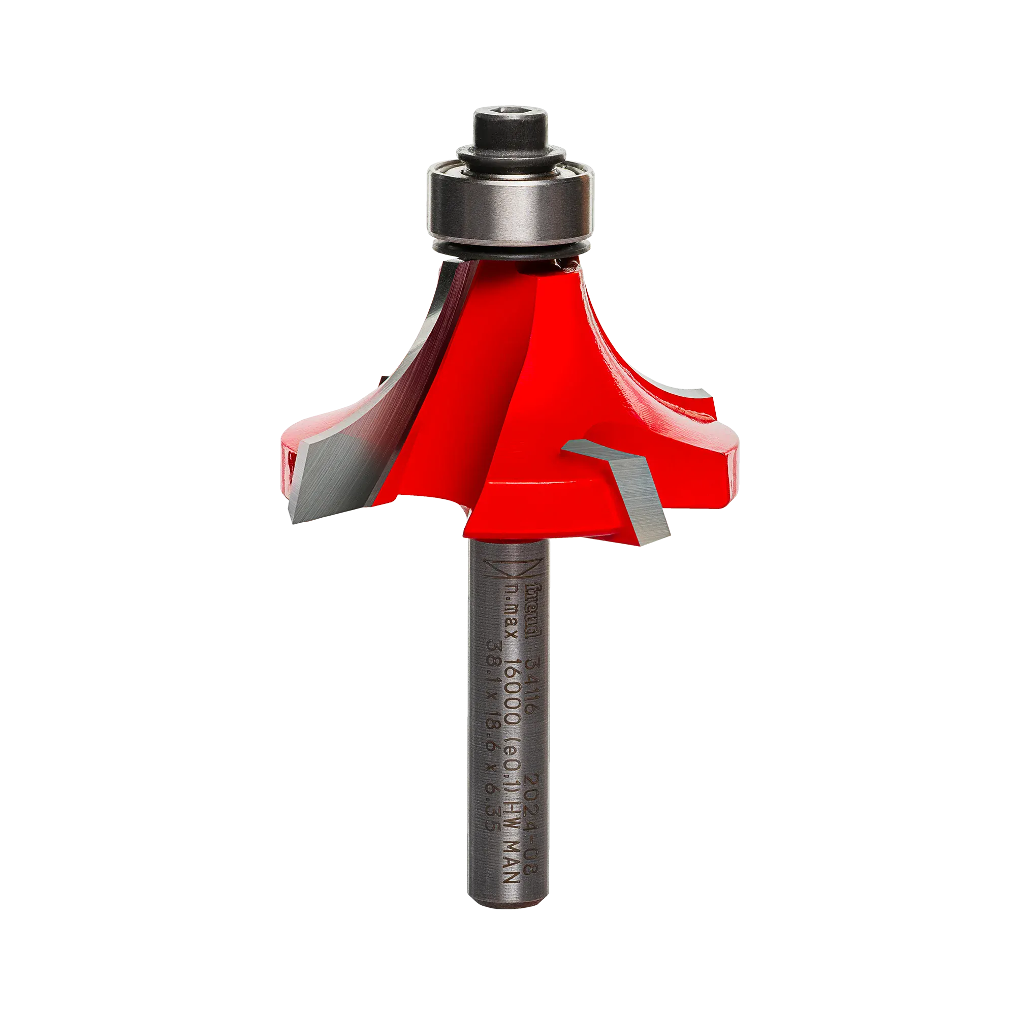 A professional studio photograph of the Freud 34-116 rounding over router bit, highlighting its bright red Perma-SHIELD coating, sharp silver carbide Quadra-Cut edges, a top-mounted ball bearing pilot, and a polished steel shank.