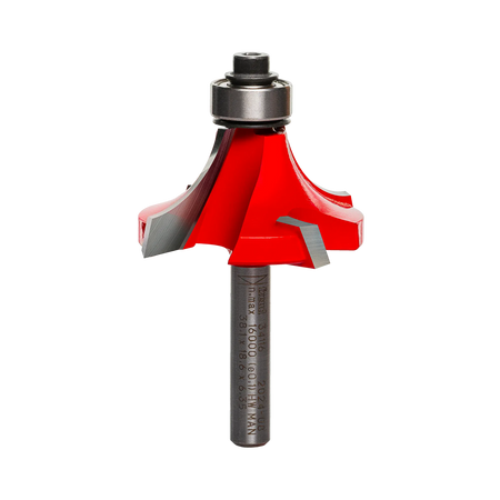 A professional studio photograph of the Freud 34-116 rounding over router bit, highlighting its bright red Perma-SHIELD coating, sharp silver carbide Quadra-Cut edges, a top-mounted ball bearing pilot, and a polished steel shank.