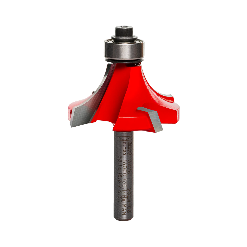 A professional studio photograph of the Freud 34-116 rounding over router bit, highlighting its bright red Perma-SHIELD coating, sharp silver carbide Quadra-Cut edges, a top-mounted ball bearing pilot, and a polished steel shank.