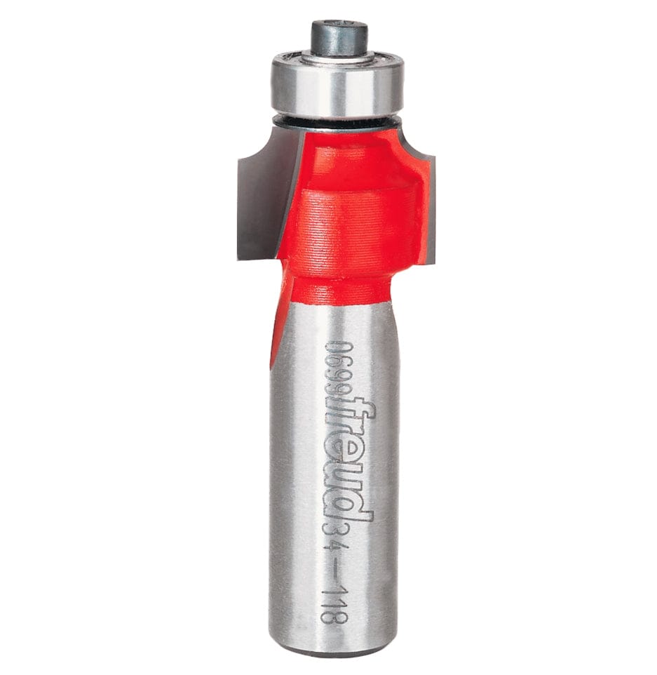 A side-profile view of the Freud 34-118 rounding over bit against a white background, highlighting the dual high-density carbide cutting edges and the precision-mounted top ball bearing.