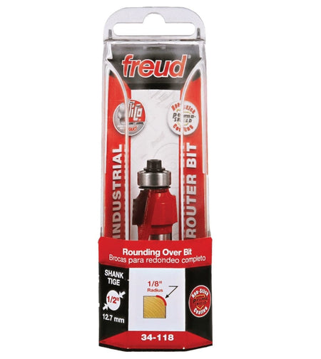 Retail clamshell packaging for the Freud 34-118 industrial rounding over bit, displaying the 1/8-inch radius profile, 3/4-inch overall diameter, and 1/2-inch shank size for professional furniture and molding projects.