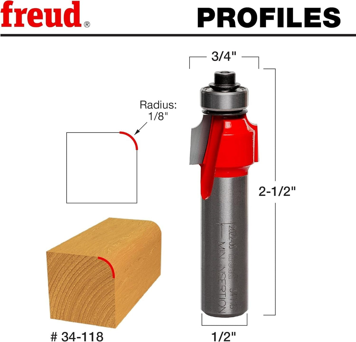 A technical profile diagram for the Freud 34-118 bit, illustrating a precise 1/8-inch radius rounding cut on a wood corner with an overall length of 2-1/2 inches.