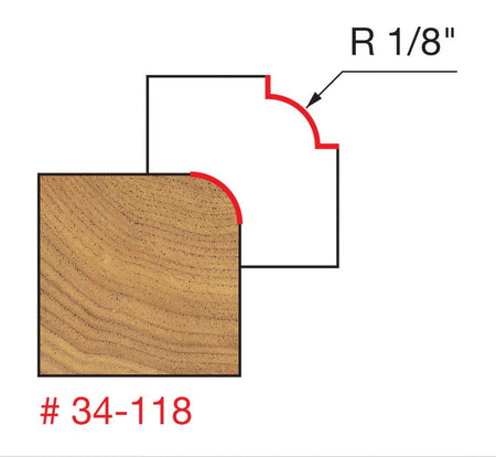 A technical line drawing emphasizing the exact 1/8-inch radius curve geometry of the Freud 34-118 rounding over bit for precise woodworking edging.