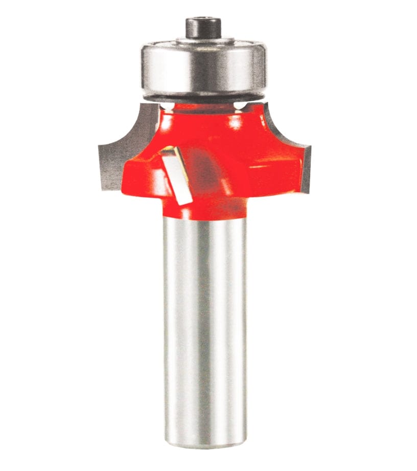 A professional studio photograph of the Freud 34-120 rounding over router bit, highlighting the red Perma-SHIELD coating on its head, the sharp silver carbide Quadra-Cut edges, a top-mounted ball bearing pilot, and a polished 1/2 inch steel shank.