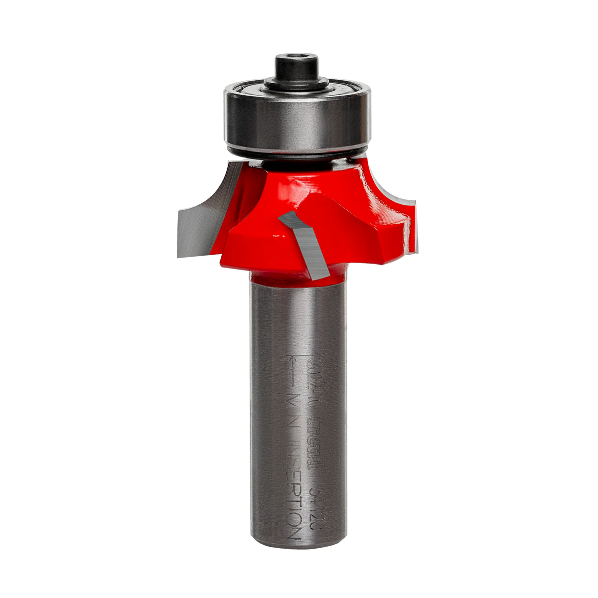 A professional studio photograph of the Freud 34-120 rounding over router bit, highlighting the red Perma-SHIELD coating on its head, the sharp silver carbide Quadra-Cut edges, a top-mounted ball bearing pilot, and a polished 1/2 inch steel shank.