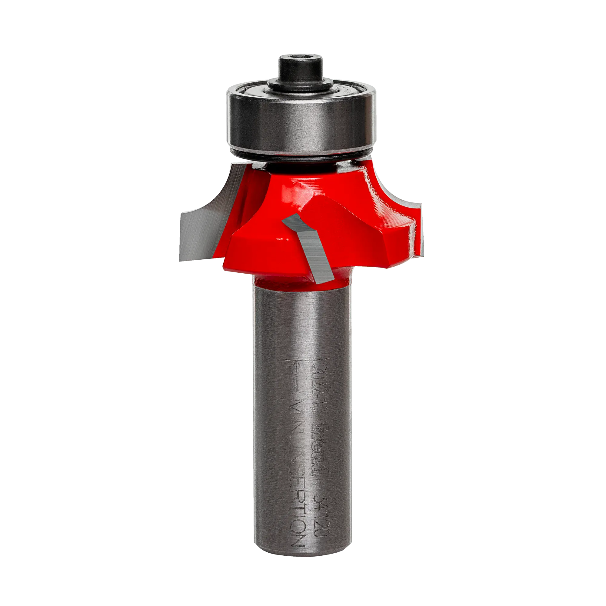 A professional studio photograph of the Freud 34-120 rounding over router bit, highlighting the red Perma-SHIELD coating on its head, the sharp silver carbide Quadra-Cut edges, a top-mounted ball bearing pilot, and a polished 1/2 inch steel shank.