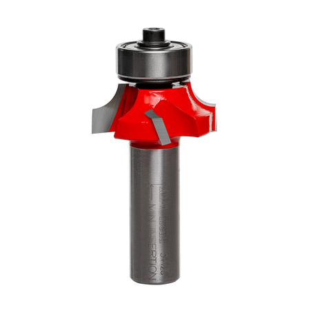 A professional studio photograph of the Freud 34-120 rounding over router bit, highlighting the red Perma-SHIELD coating on its head, the sharp silver carbide Quadra-Cut edges, a top-mounted ball bearing pilot, and a polished 1/2 inch steel shank.