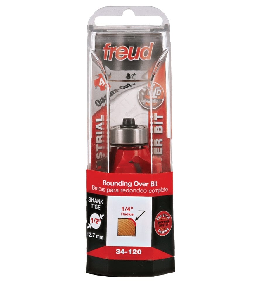 The retail packaging for the Freud 34-120 rounding over bit, featuring the Industrial Router Bit and Quadra-Cut branding, alongside clear specifications for the 1/4 inch radius and 1/2 inch shank diameter.