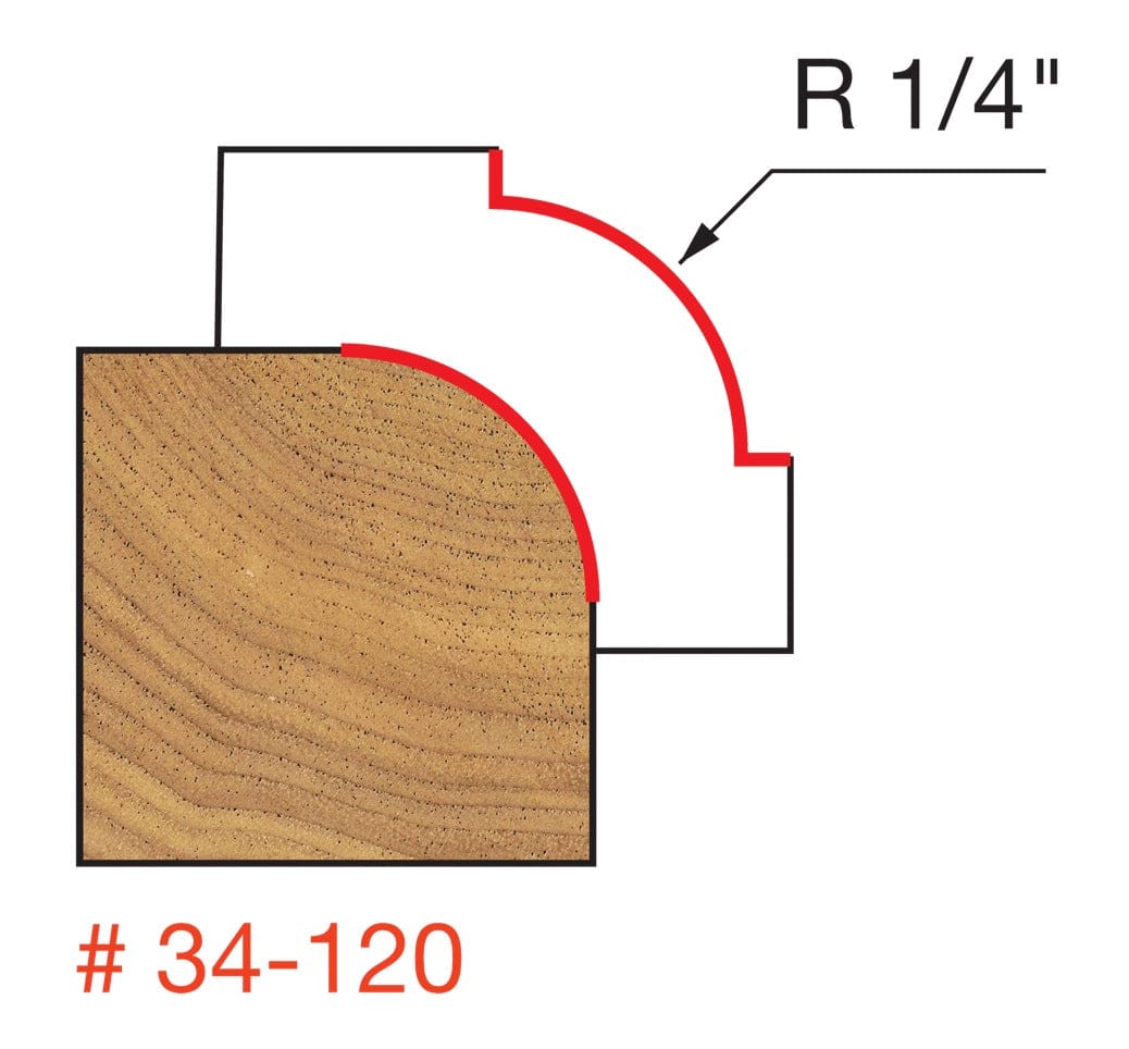 A technical diagram for the Freud 34-120 bit, showing a wood cross-section with a red line indicating a precise 1/4 inch radius rounding-over path applied to a square corner.