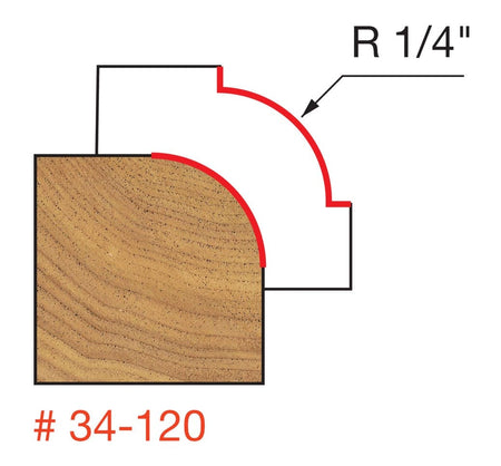A technical diagram for the Freud 34-120 bit, showing a wood cross-section with a red line indicating a precise 1/4 inch radius rounding-over path applied to a square corner.