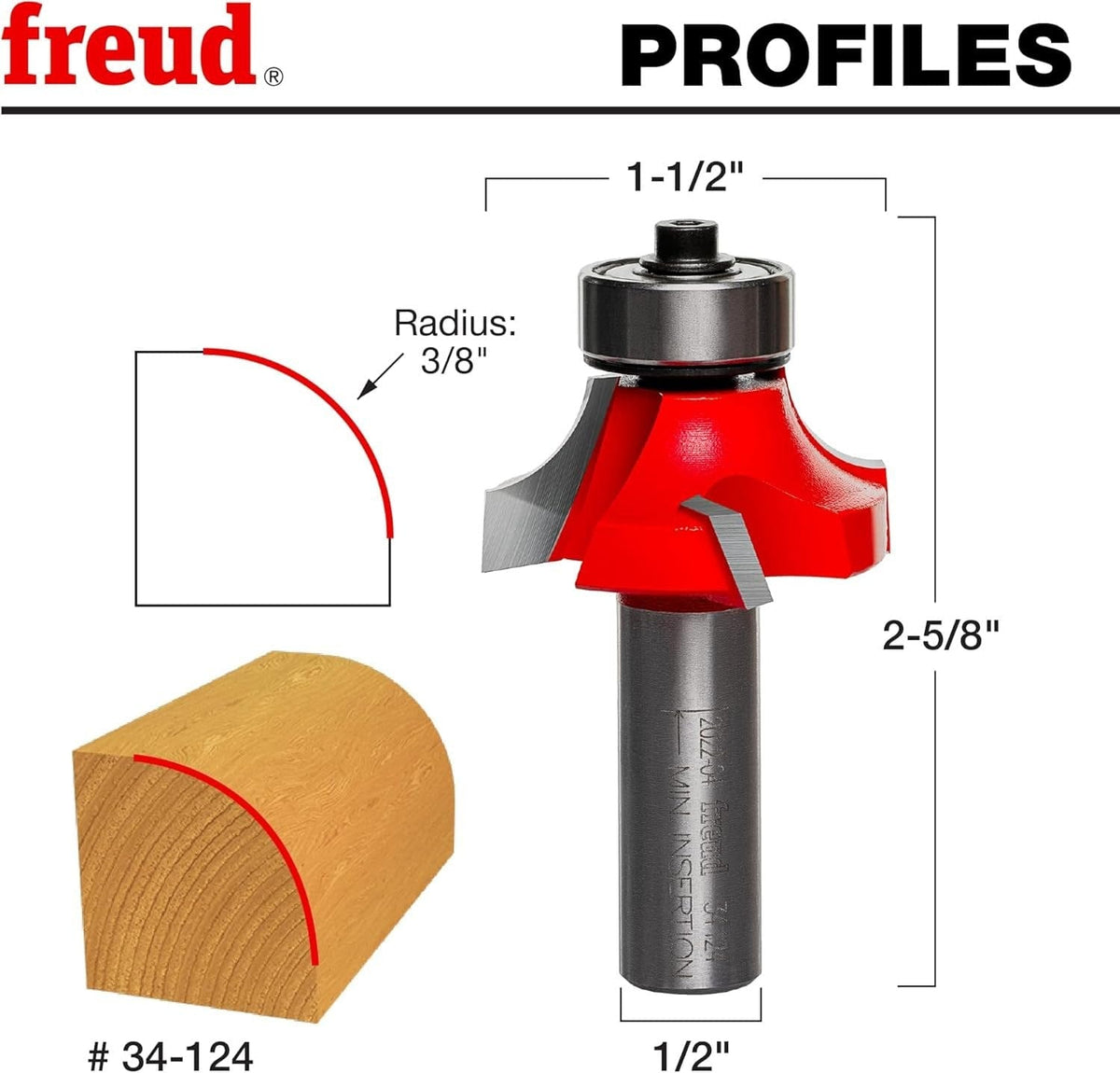 A technical profile diagram for the Freud 34-124 bit, illustrating a precise 3/8-inch radius rounding cut on a wood corner with an overall length of 2-5/8 inches.