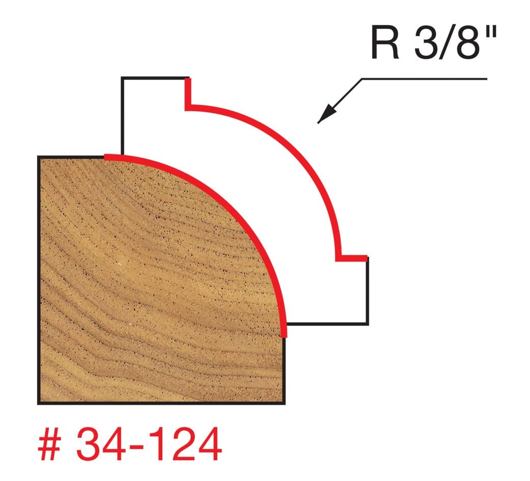 A technical line drawing emphasizing the exact 3/8-inch radius curve geometry of the Freud 34-124 rounding over bit for precise woodworking edging on doors and drawers.