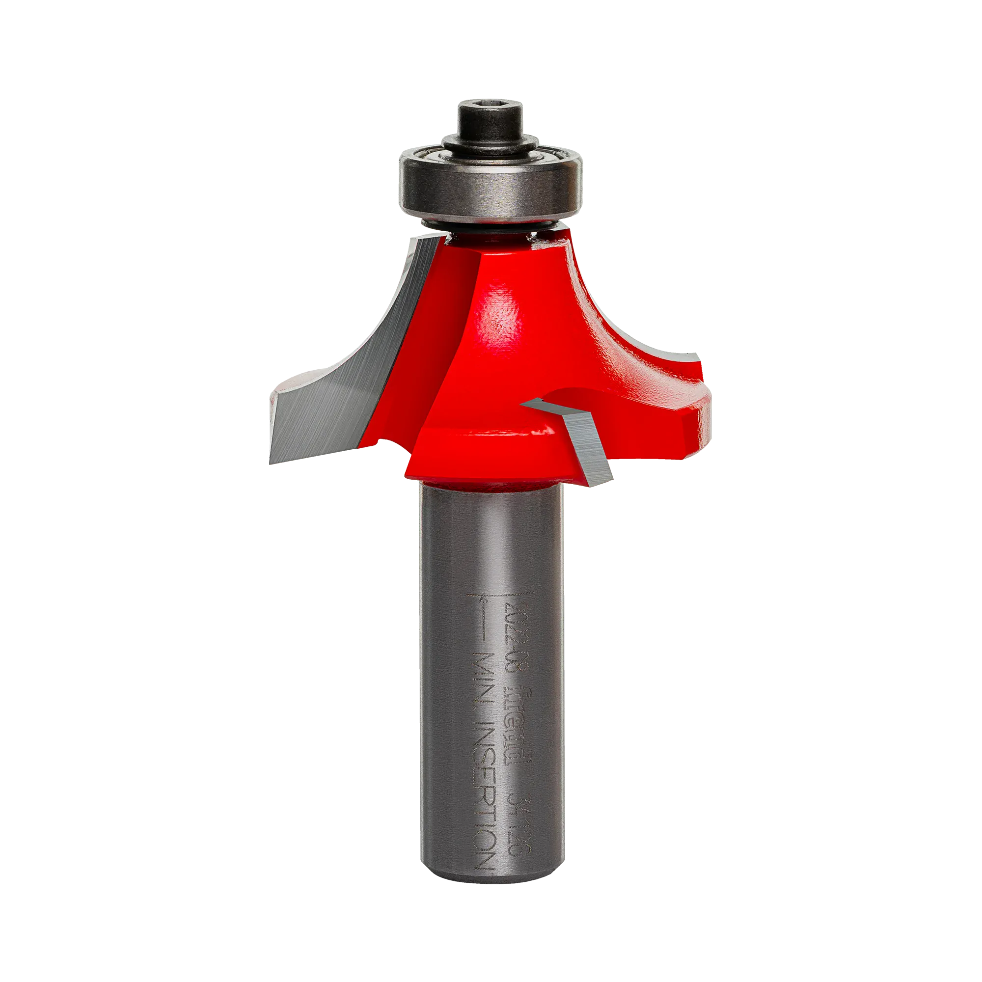 A professional studio photograph of the Freud 34-126 rounding over router bit, highlighting its bright red Perma-SHIELD coating, sharp silver carbide Quadra-Cut edges, a top-mounted ball bearing pilot, and a polished 1/2 inch steel shank.