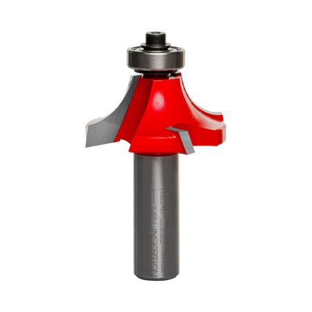 A professional studio photograph of the Freud 34-126 rounding over router bit, highlighting its bright red Perma-SHIELD coating, sharp silver carbide Quadra-Cut edges, a top-mounted ball bearing pilot, and a polished 1/2 inch steel shank.