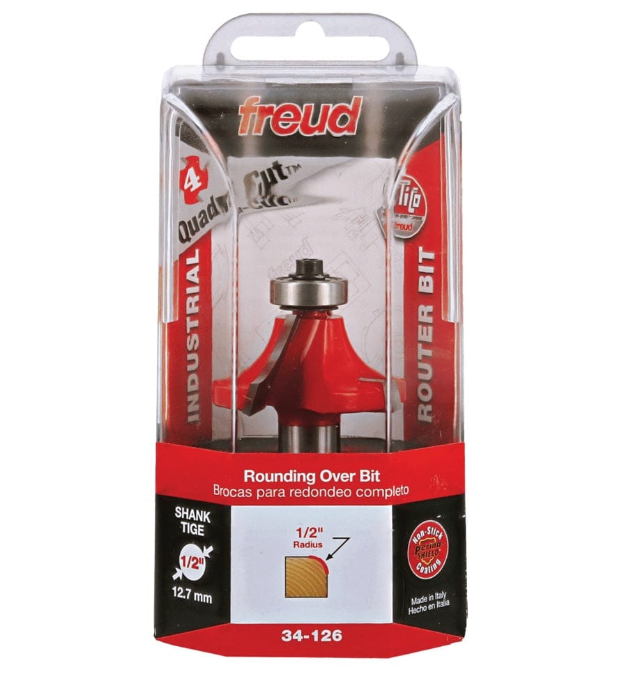 The retail packaging for the Freud 34-126 rounding over bit, clearly displaying the Industrial Router Bit label, the 4 Quadra-Cut logo, and key specifications including the 1/2 inch radius and the 1/2 inch shank diameter.