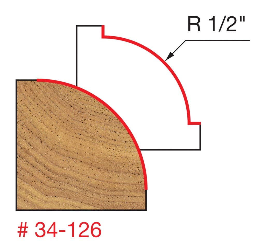 A technical diagram for the Freud 34-126 bit, showing a wood cross-section with a red path indicating a precise 1/2 inch radius rounding-over cut on a square corner.