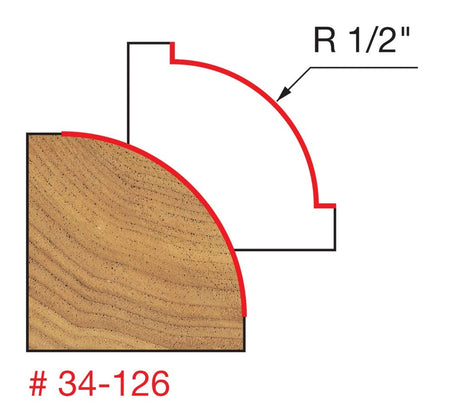A technical diagram for the Freud 34-126 bit, showing a wood cross-section with a red path indicating a precise 1/2 inch radius rounding-over cut on a square corner.