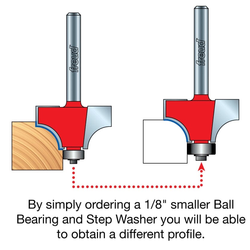 A technical instructional diagram demonstrating the dual-profile capability of the Freud 34-126 bit; the left side shows the standard rounding over profile, while the right side demonstrates how to obtain a decorative beading profile by swapping to a 1/8 inch smaller ball bearing and step washer.
