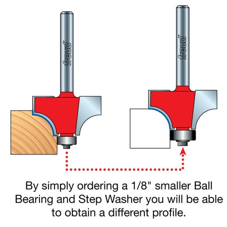 A technical instructional diagram demonstrating the dual-profile capability of the Freud 34-126 bit; the left side shows the standard rounding over profile, while the right side demonstrates how to obtain a decorative beading profile by swapping to a 1/8 inch smaller ball bearing and step washer.