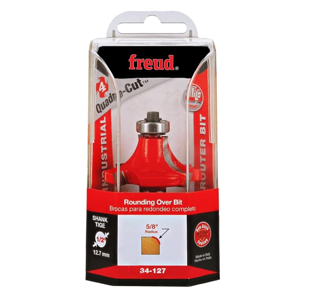 Retail clamshell packaging for the Freud 34-127 industrial rounding over bit, displaying the 5/8-inch radius profile, Quadra-Cut technology logo, and 1/2-inch shank size for professional woodworking.
