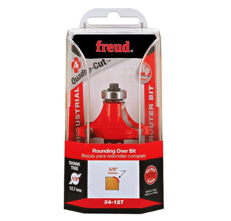 Retail clamshell packaging for the Freud 34-127 industrial rounding over bit, displaying the 5/8-inch radius profile, Quadra-Cut technology logo, and 1/2-inch shank size for professional woodworking.