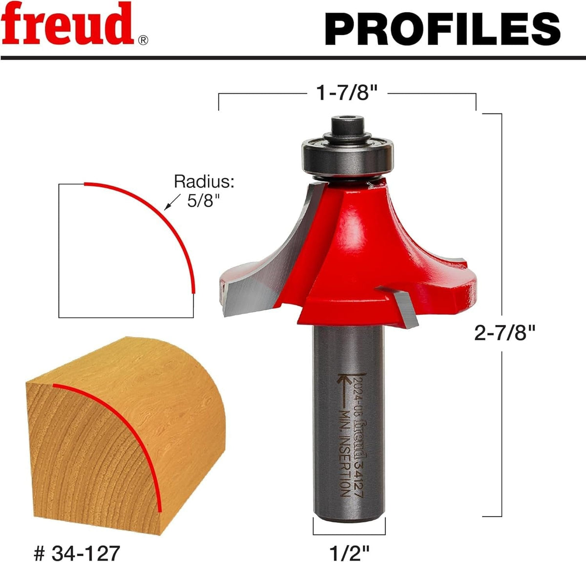 A technical profile diagram for the Freud 34-127 bit, illustrating a precise 5/8-inch radius rounding cut on a wood corner with an overall diameter of 1-7/8 inches and a 2-7/8-inch total length.