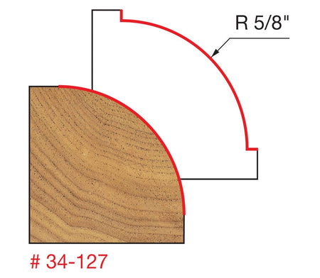 A technical line drawing emphasizing the exact 5/8-inch radius curve geometry of the Freud 34-127 rounding over bit for precise woodworking edging.