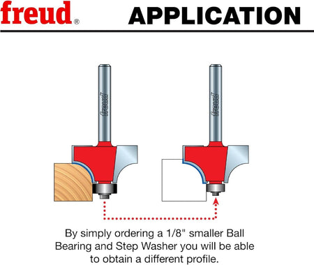 A technical illustration showing how the Freud bit can be converted from a rounding over profile to a beading profile by installing a 1/8-inch smaller ball bearing and step washer.