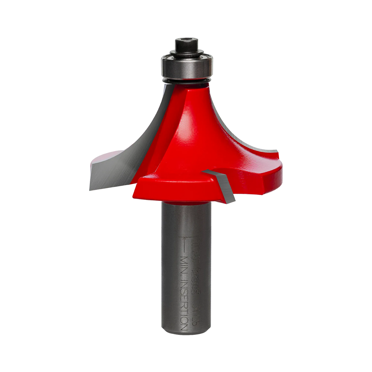 A side-profile view of the Freud 34-128 rounding over bit against a white background, highlighting the Quadra-Cut 4-cutter design and the precision-mounted top ball-bearing guide.