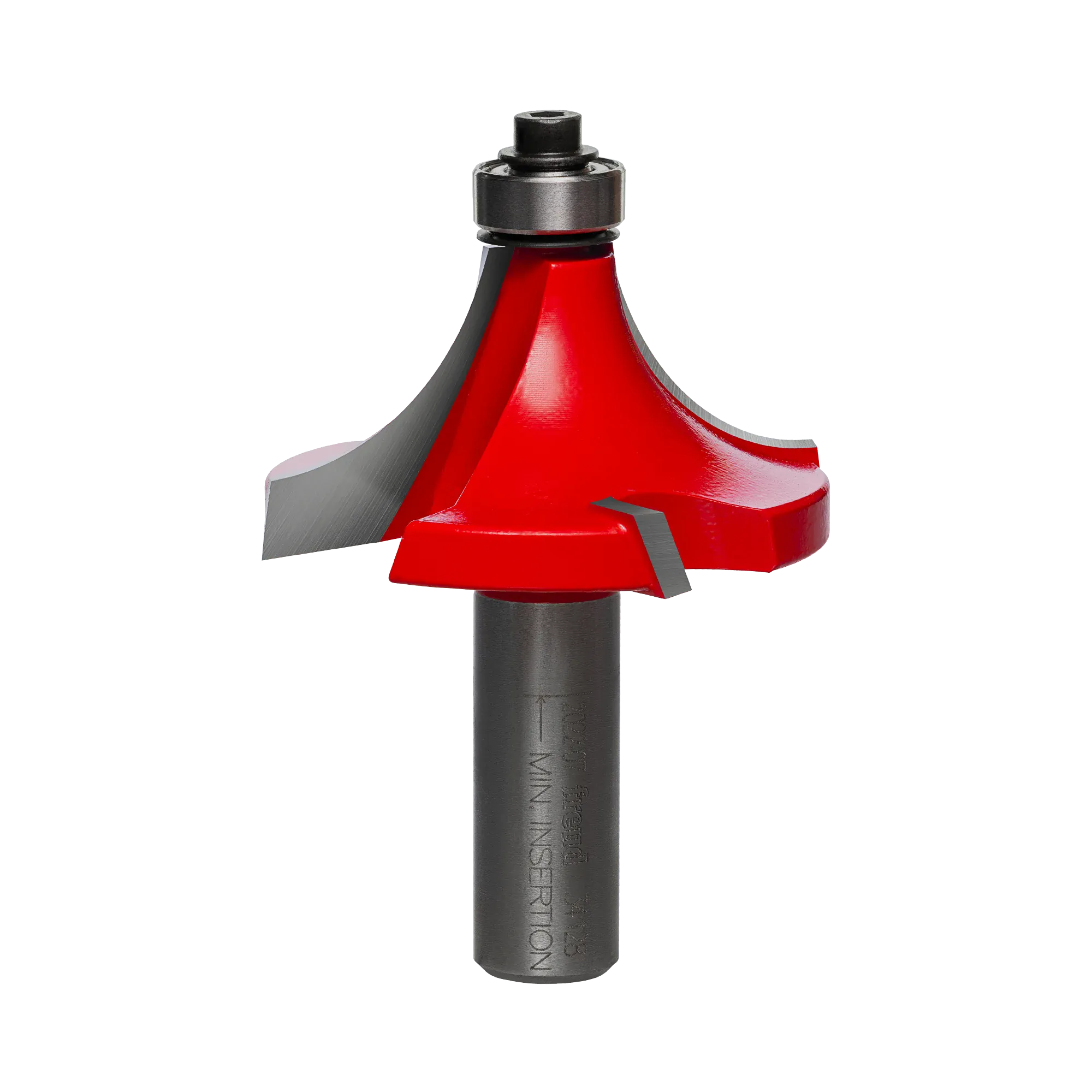A side-profile view of the Freud 34-128 rounding over bit against a white background, highlighting the Quadra-Cut 4-cutter design and the precision-mounted top ball-bearing guide.