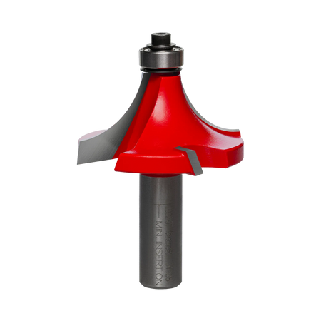 A side-profile view of the Freud 34-128 rounding over bit against a white background, highlighting the Quadra-Cut 4-cutter design and the precision-mounted top ball-bearing guide.
