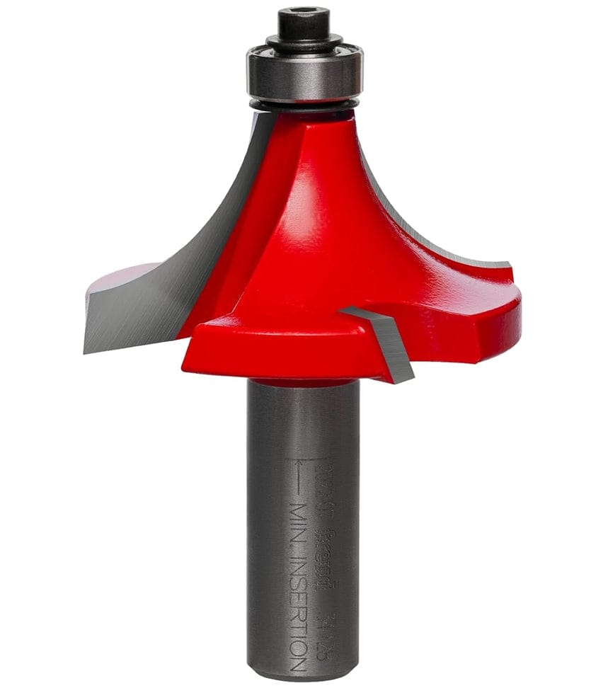 A side-profile view of the Freud 34-128 rounding over bit against a white background, highlighting the Quadra-Cut 4-cutter design and the precision-mounted top ball-bearing guide.