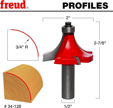A technical profile diagram for the Freud 34-128 bit, illustrating a precise 3/4-inch radius rounding cut on a wood corner with an overall diameter of 2 inches and a 2-7/8-inch total length.
