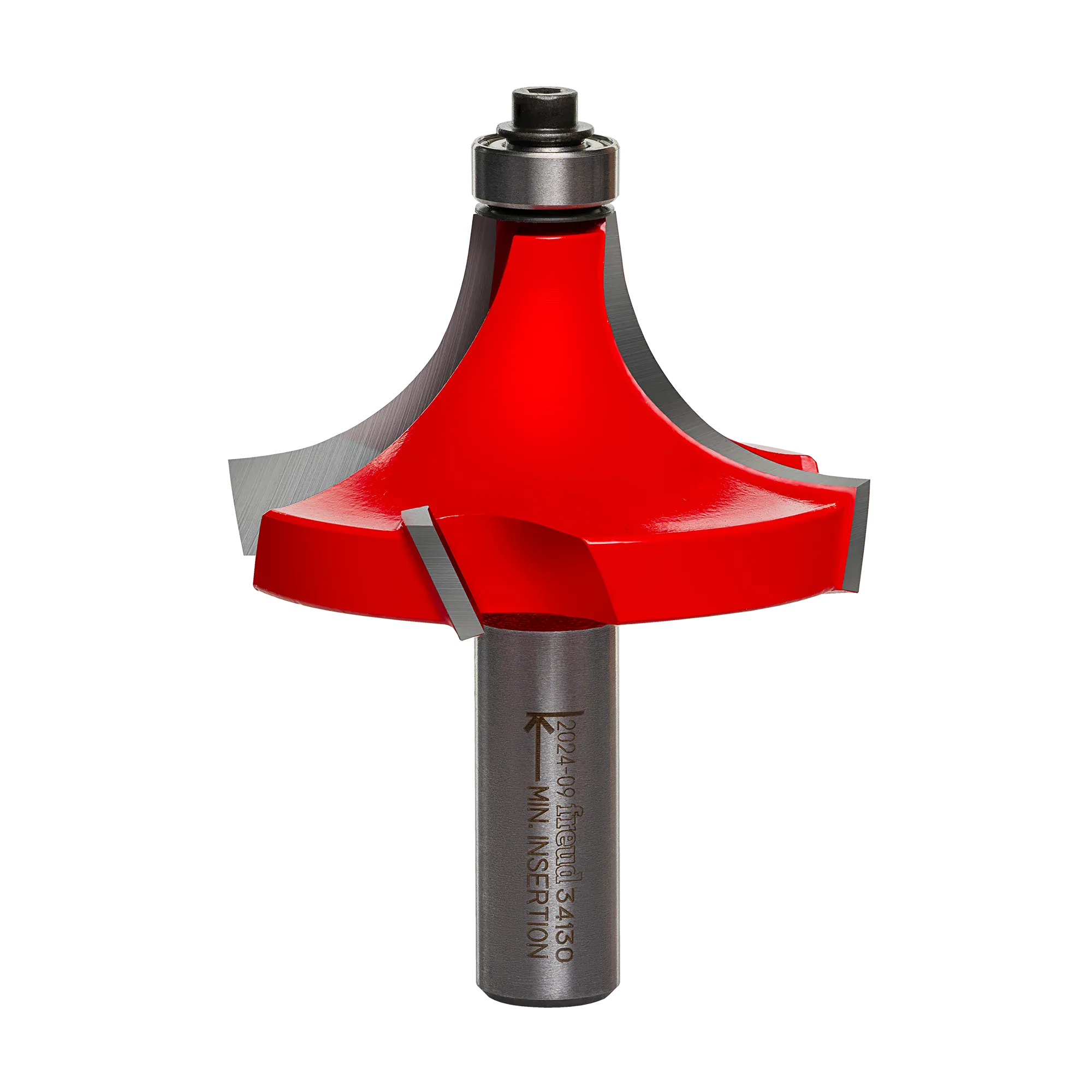 Studio shot of the Freud 34-130 Rounding Over Router Bit featuring a red Perma-SHIELD coated body, a 1/2-inch shank, and a silver ball bearing pilot at the top. The bit showcases the four-cutter Quadra-Cut design.