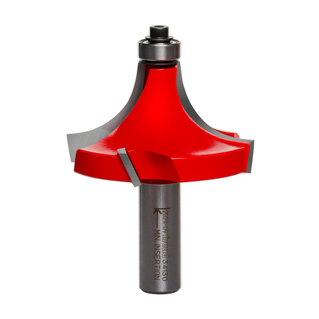 Studio shot of the Freud 34-130 Rounding Over Router Bit featuring a red Perma-SHIELD coated body, a 1/2-inch shank, and a silver ball bearing pilot at the top. The bit showcases the four-cutter Quadra-Cut design.