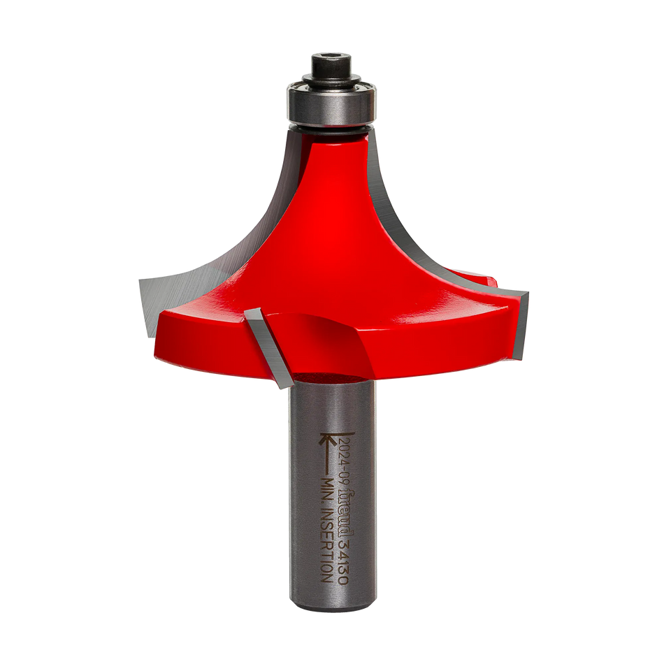 Studio shot of the Freud 34-130 Rounding Over Router Bit featuring a red Perma-SHIELD coated body, a 1/2-inch shank, and a silver ball bearing pilot at the top. The bit showcases the four-cutter Quadra-Cut design.