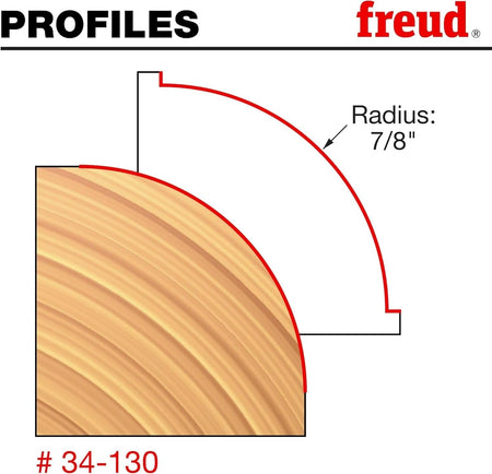 Technical drawing of the cut profile for model #34-130. A red line traces a large 7/8-inch radius curve on the corner of a wood block, demonstrating the rounding over effect.