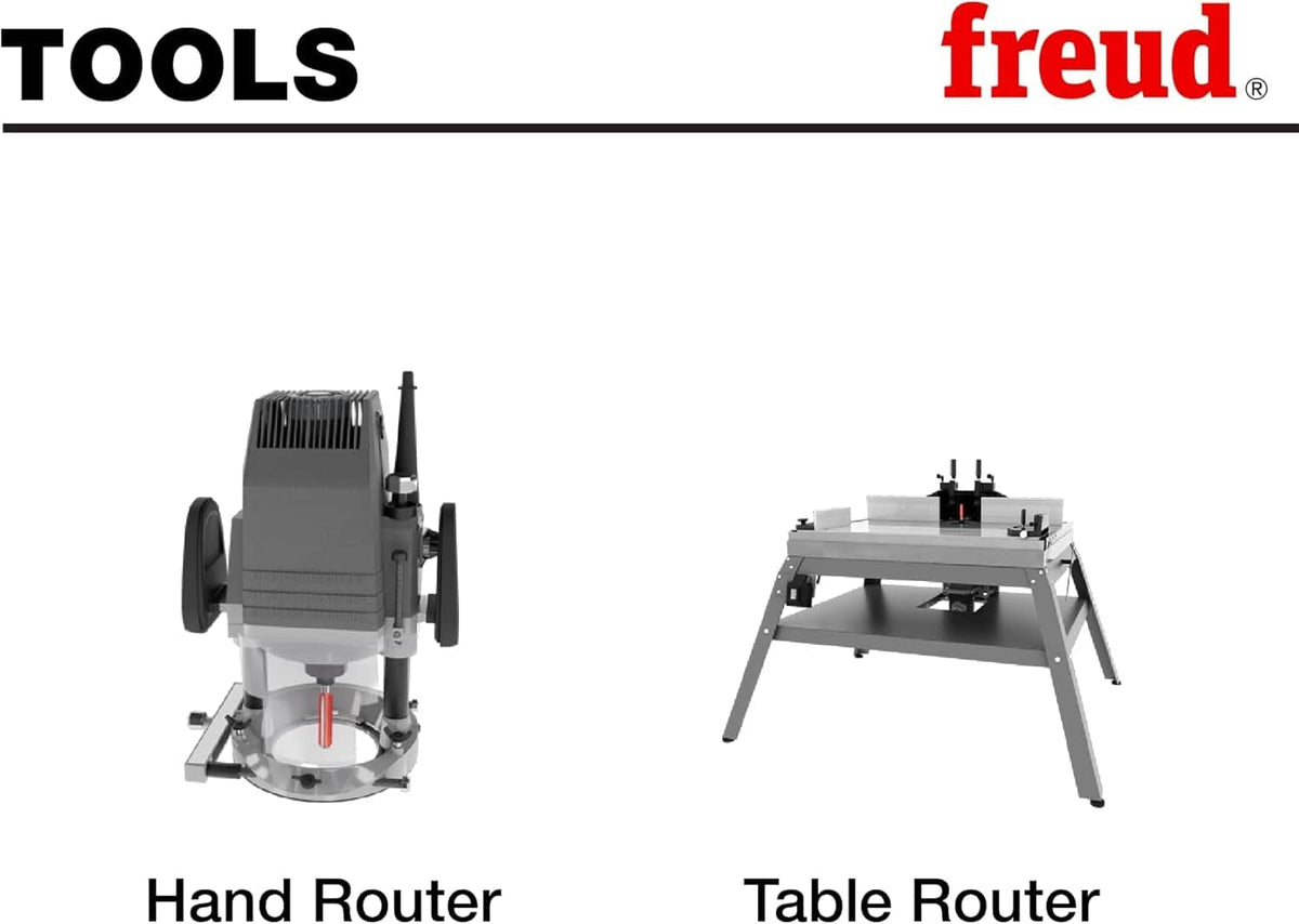 Graphic titled TOOLS displaying two router setups compatible with this bit: a handheld plunge router on the left and a stationary router table on the right.